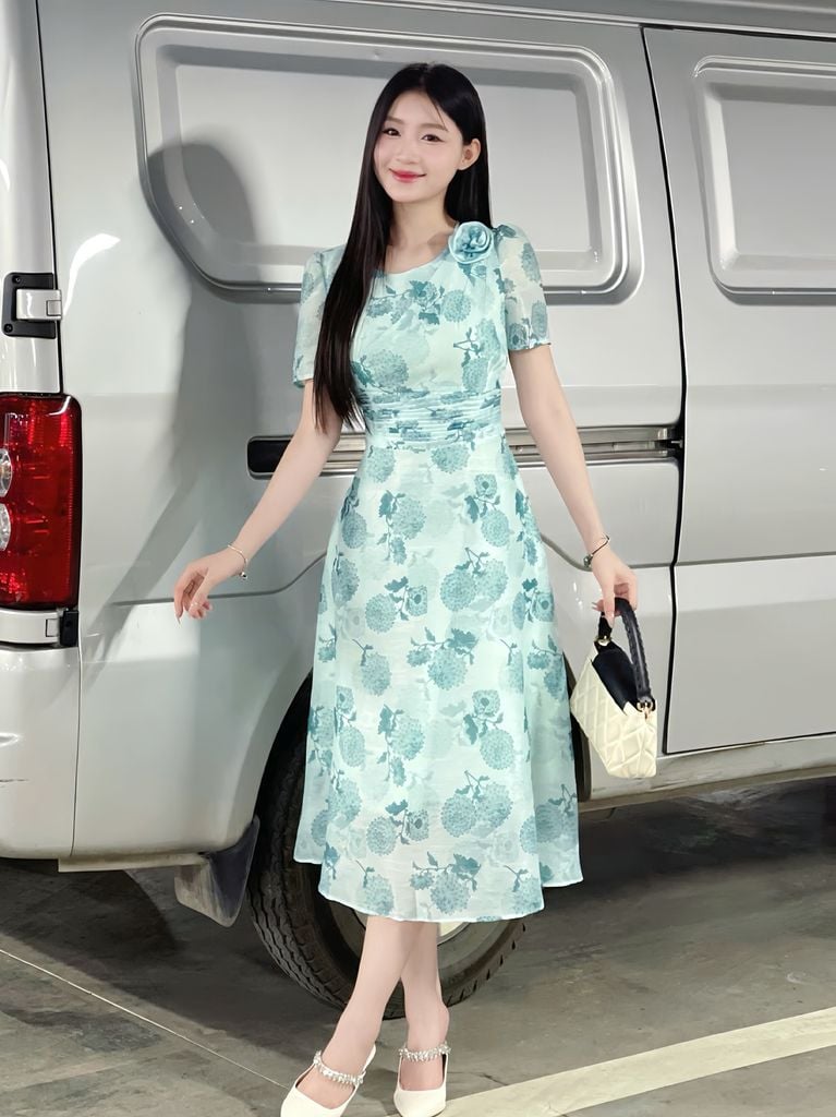 Đầm xòe hoa vai xếp ly eo - P63L25H010