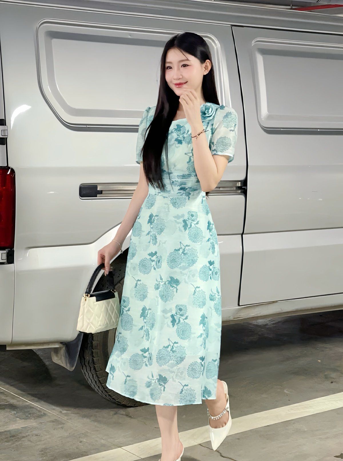 Đầm xòe hoa vai xếp ly eo - P63L25H010