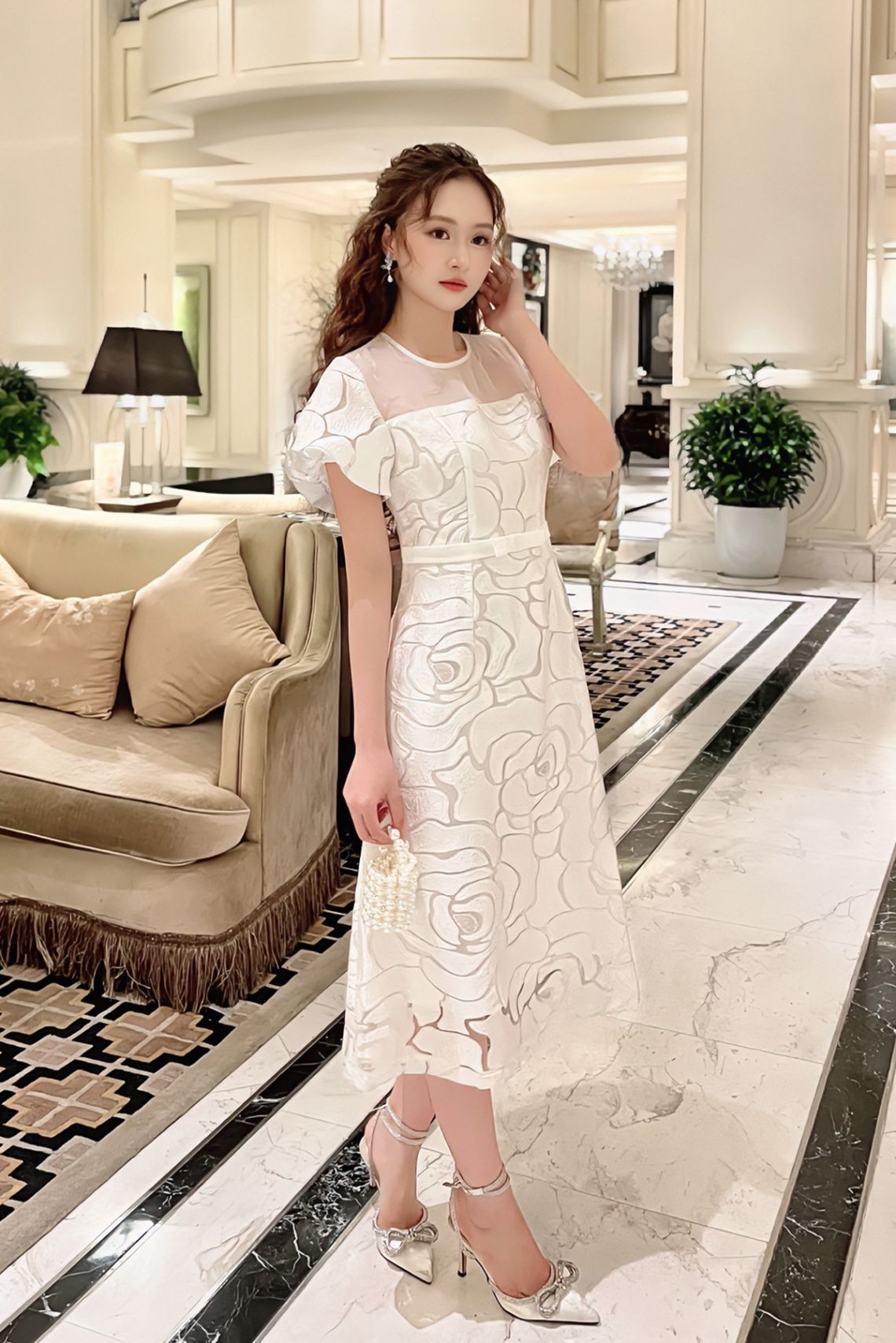 Đầm dáng A vải hoa tay bom - S63R24Q021