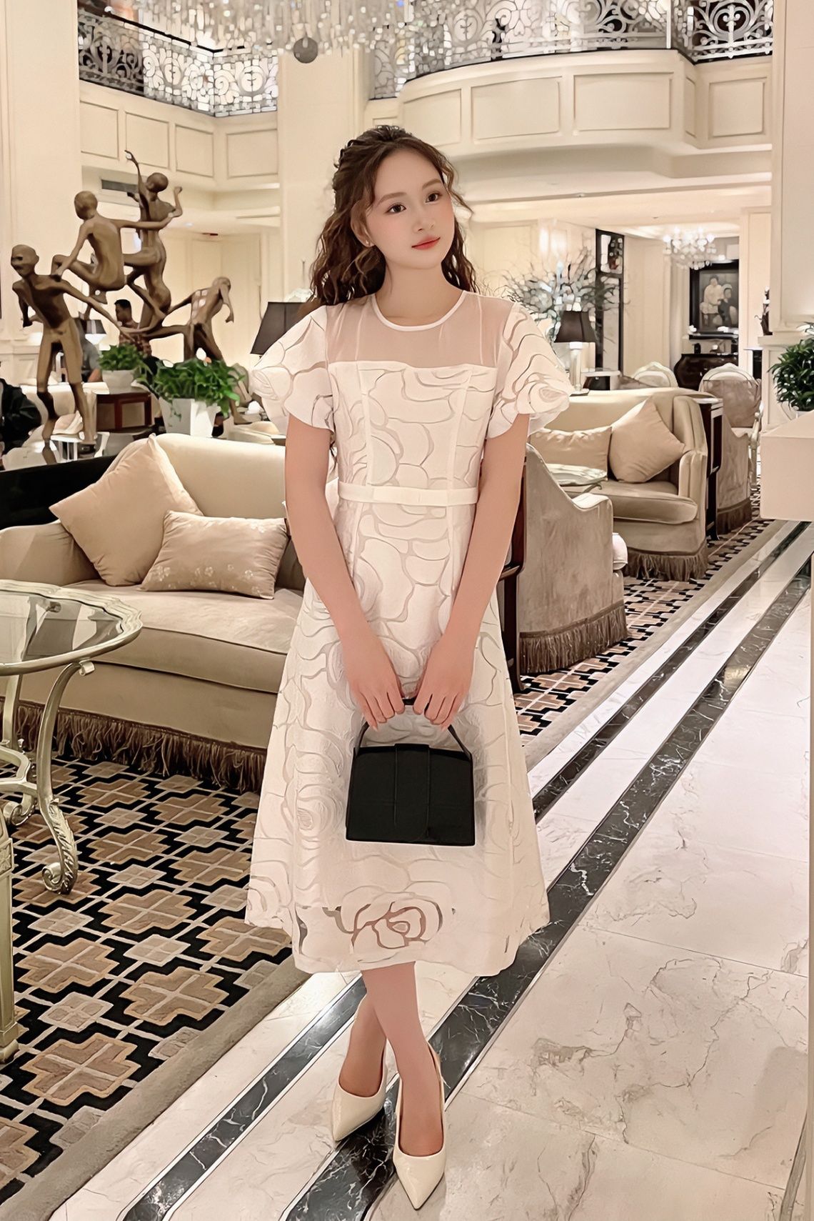Đầm dáng A vải hoa tay bom - S63R24Q021