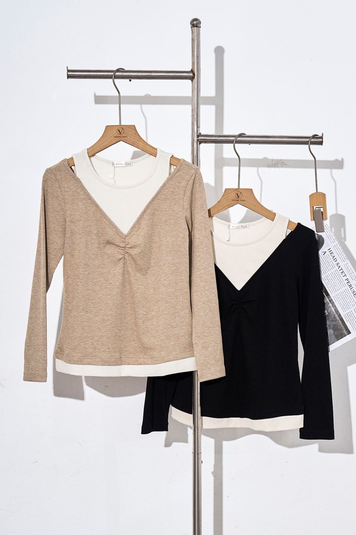 Áo len thun nhún ngực phối màu - V61B24Q042