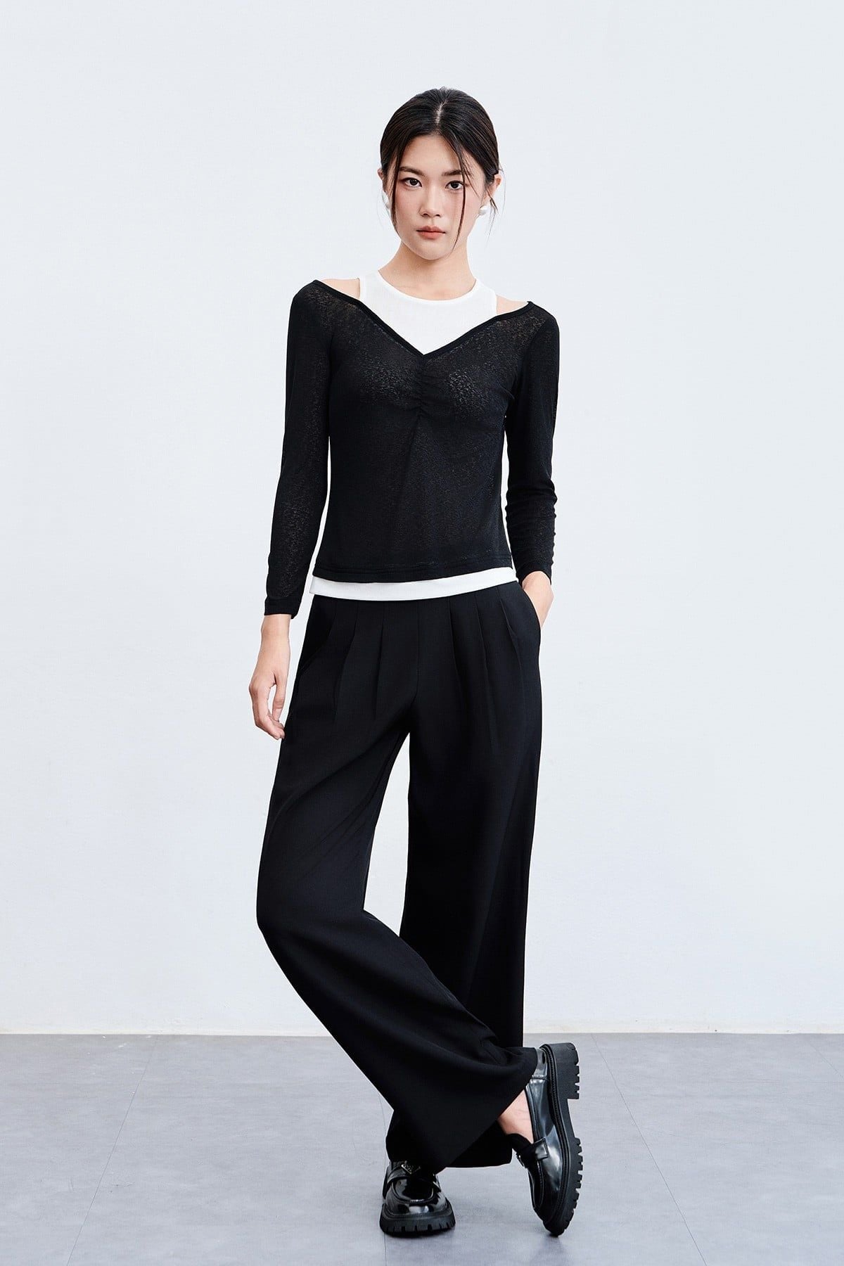 Áo len thun nhún ngực phối màu - V61B24Q042