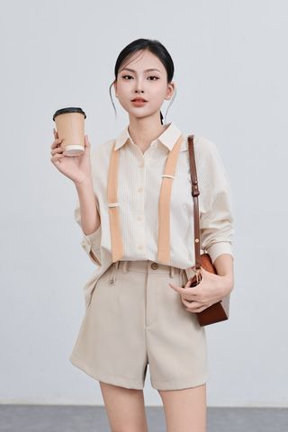 Áo sơ mi kẻ dáng rộng phối khăn - V61H25Q006