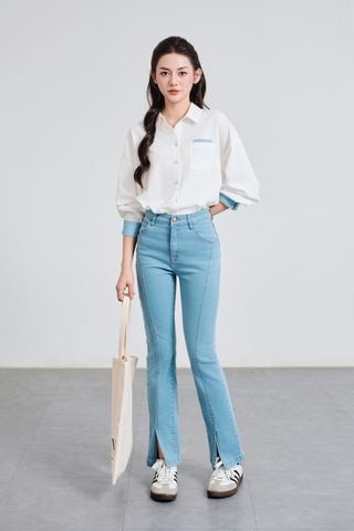 Áo sơ mi dáng rộng phối Denim - V61H25Q009