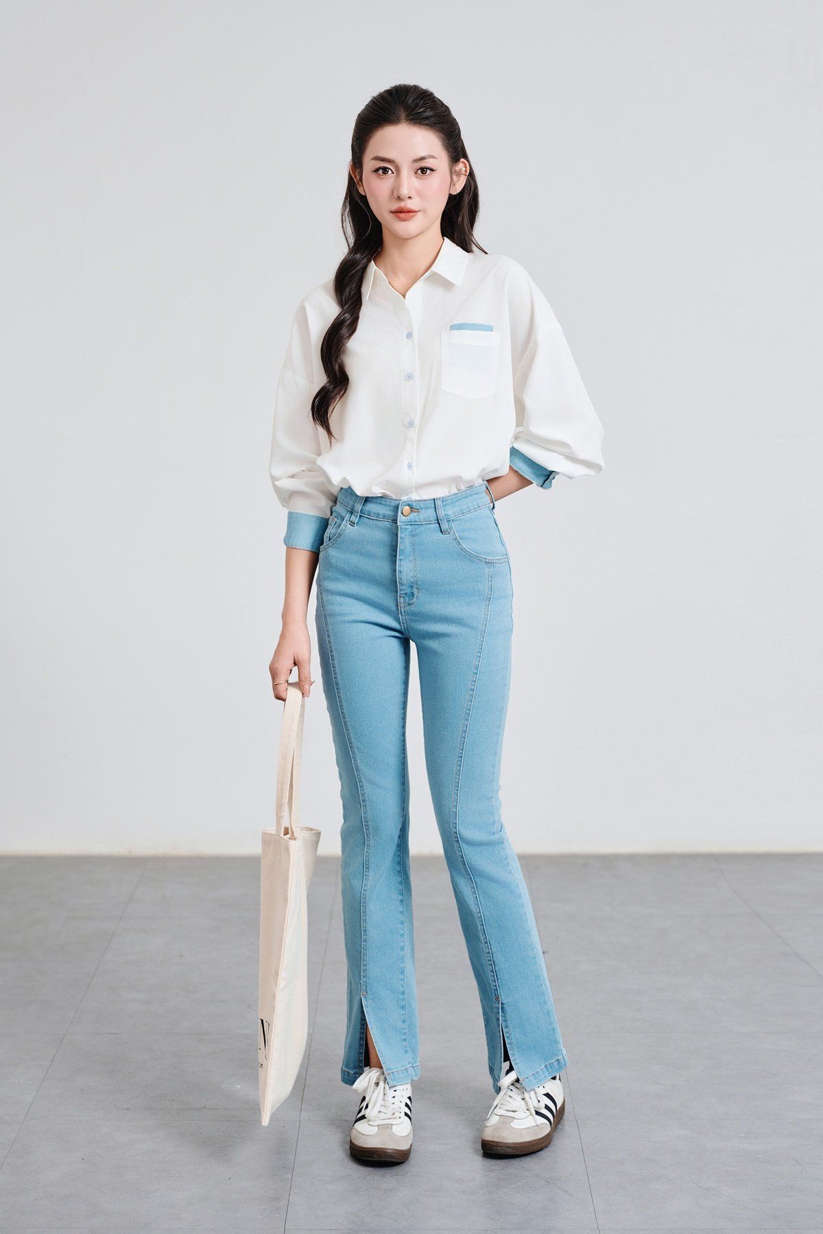Áo sơ mi dáng rộng phối Denim - V61H25Q009