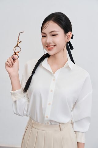 Áo sơ mi dáng rộng măng séc kẻ - V61H25Q010