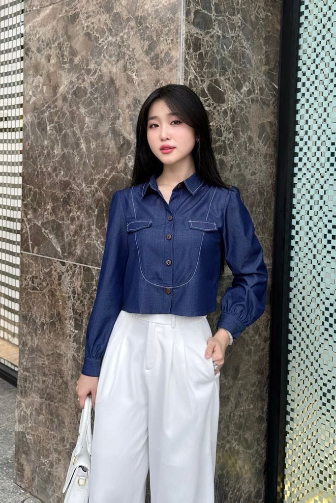 Áo sơ mi croptop tay bồng diễu chỉ  - V61H25Q012