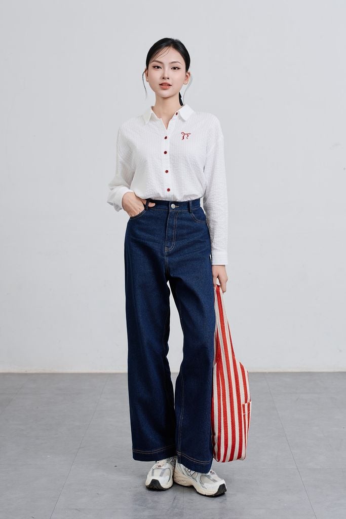 Quần jean ống rộng diễu chỉ - V64J24Q019