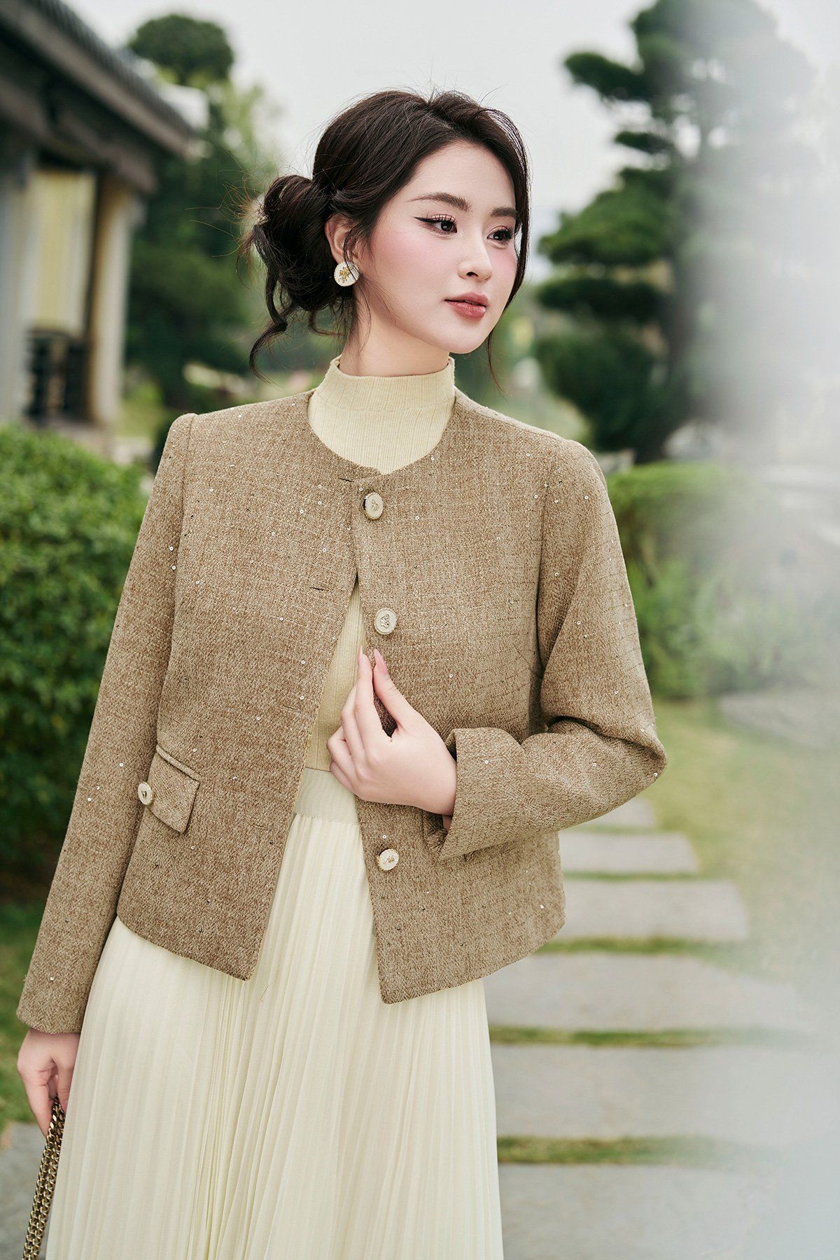 Áo khoác dạ tweed cổ tròn - V65W24T020