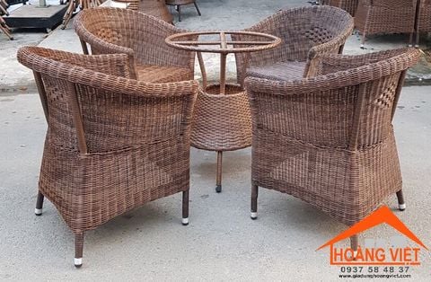 Bộ Bàn Ghế Nhựa Giả Mây Mặt Kiếng Tròn, Màu Nâu HV003