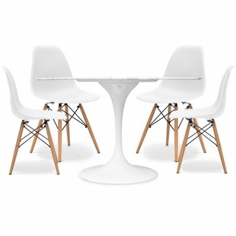 Bộ Bàn Tulip Mặt Tròn MDF Chống Ẩm Và 4 Ghế Eames Trắng - 73 x 80cm