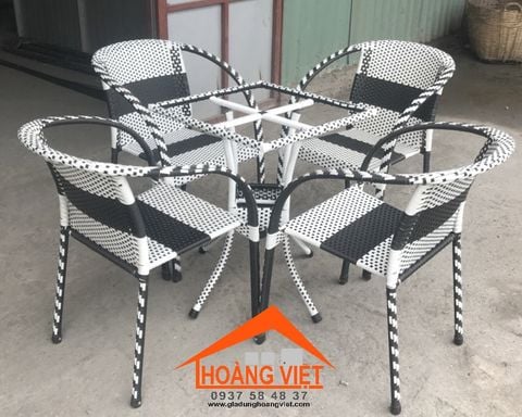 Bộ Bàn Cafe Mặt Vuông 6 Tấc Cao Cấp Và 4 Ghế Giả Mây Bành Ống