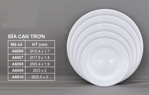 Dĩa Melamine Cạn Trơn Trắng VCP - 5 Size