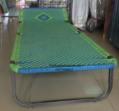 Giường Bố Đài Loan Khung Sắt Vuông 25 Dầy 5 Zem, Dây Đan Nilon Hoàng Việt - 73 x 190 x 28cm