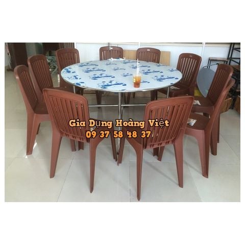 Bộ Bàn Inox 430 Chân Rời Và 10 Ghế Nhựa 7 Sọc Lớn Màu Nâu - 1m47 (Đường Kính)