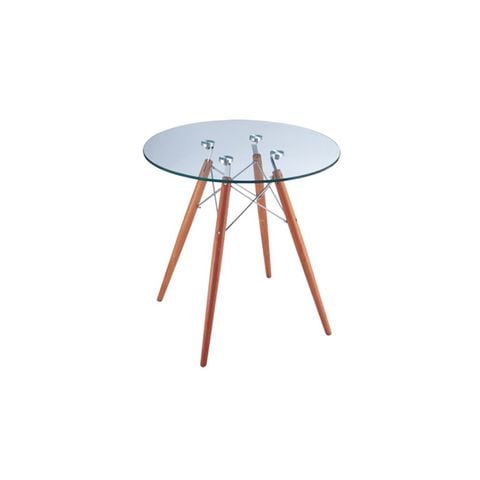 Bàn Trà Mặt Kính Dầy Tròn, Chân Trụ Gỗ DSW - 700x720mm