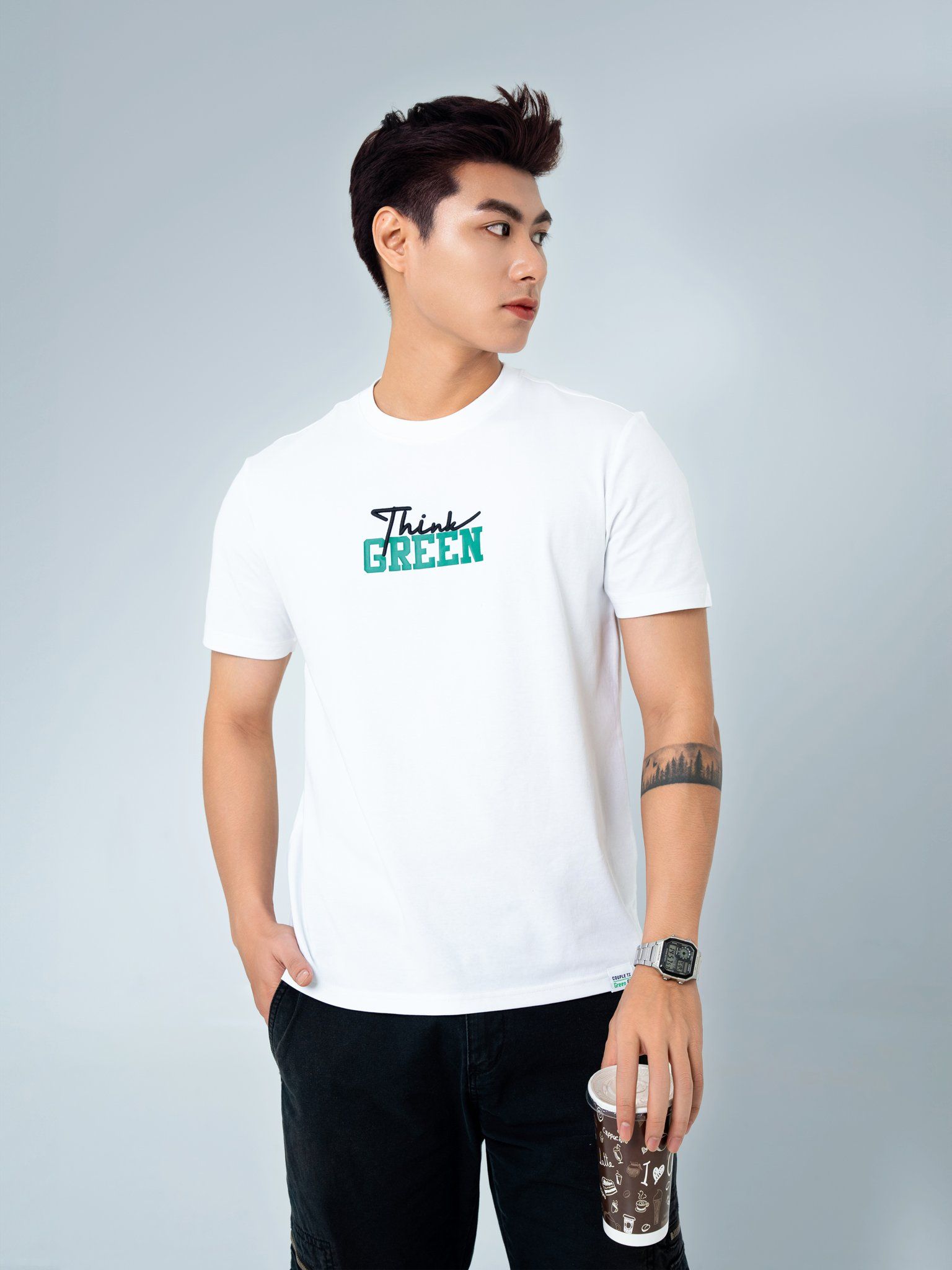 Áo Thun Nam Typo In Thêu Think Green MTS 1303 - Trắng