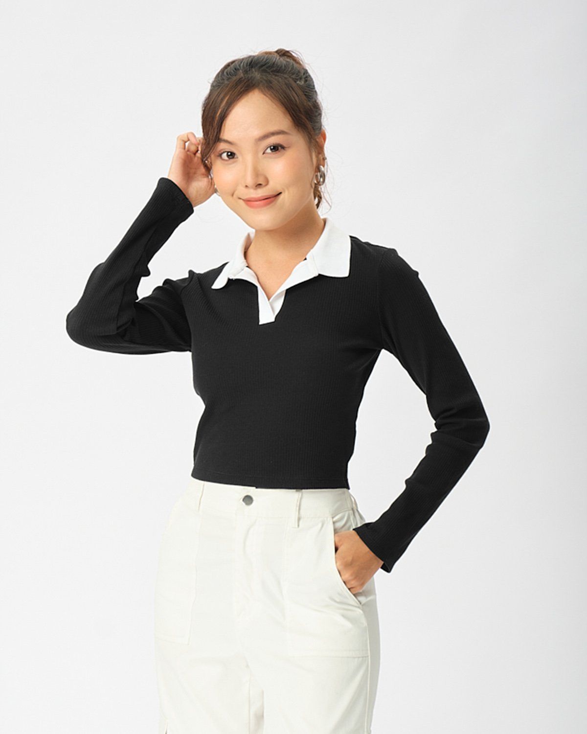  Áo Thun Nữ Polo Croptop Nữ Tay Dài Bo Màu Phối WBL 2304 