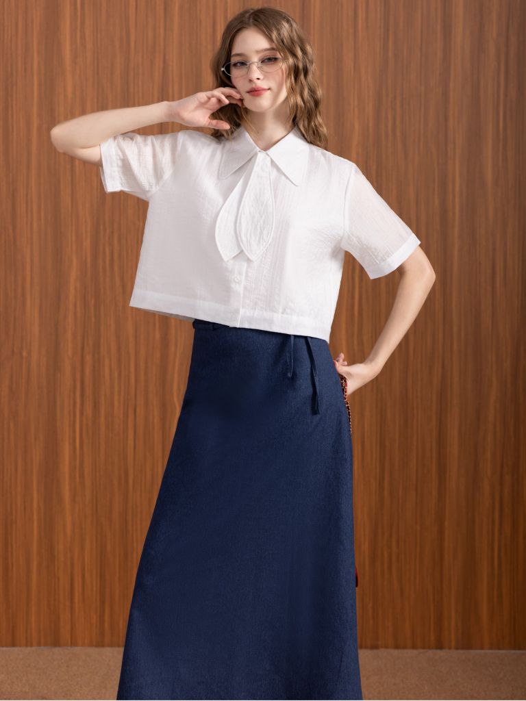 Áo sơ mi form lửng nơ cổ Nova
