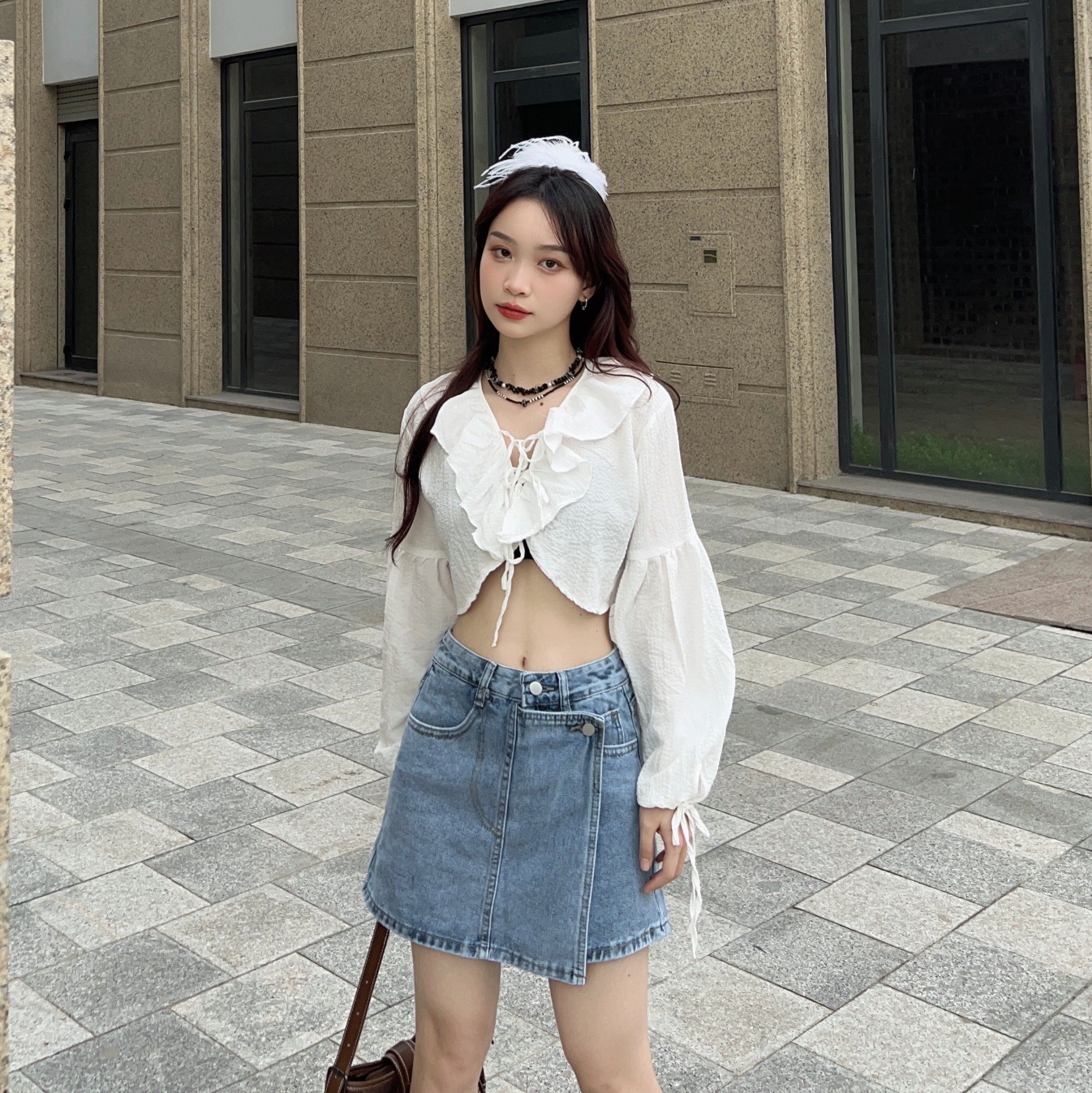 Quần short jean giả váy demi chân váy jean nữ lưng cao dành cho nữ thiết  kế đắp chéo phối túi 2 bên cá tính  cv017