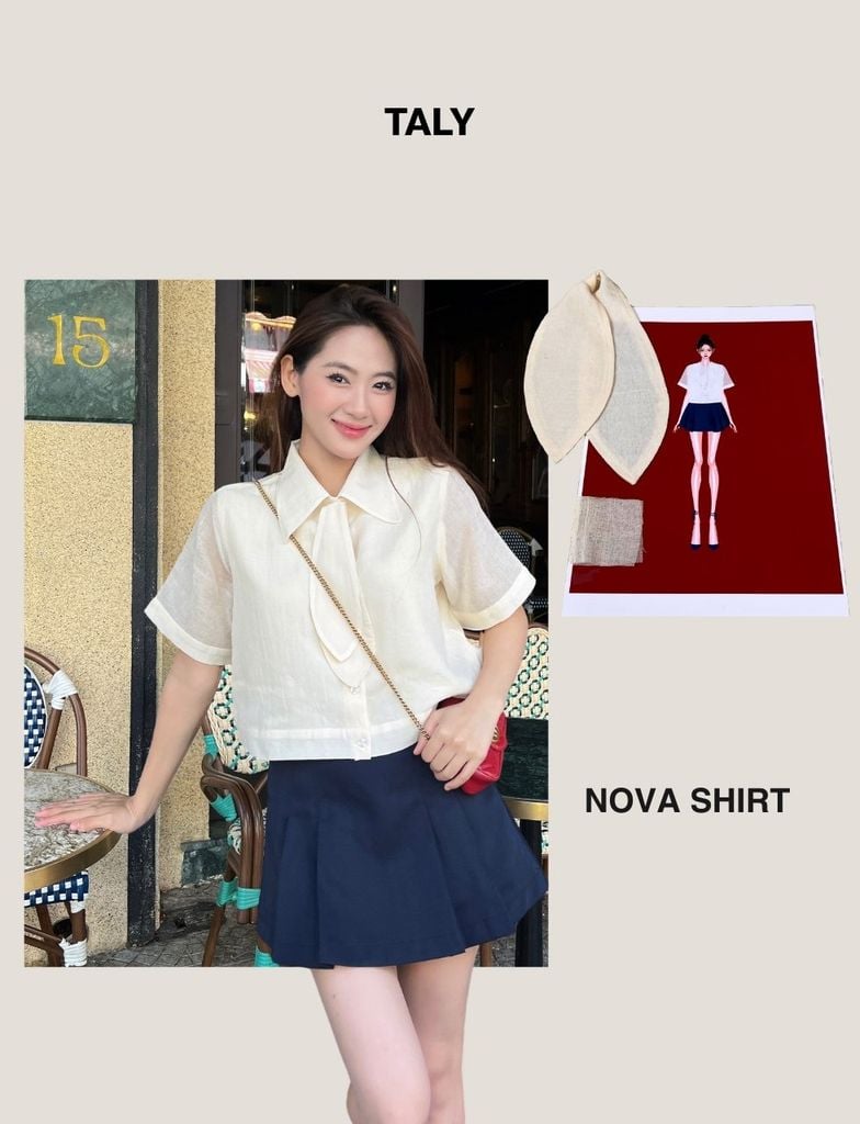 Áo sơ mi form lửng nơ cổ Nova