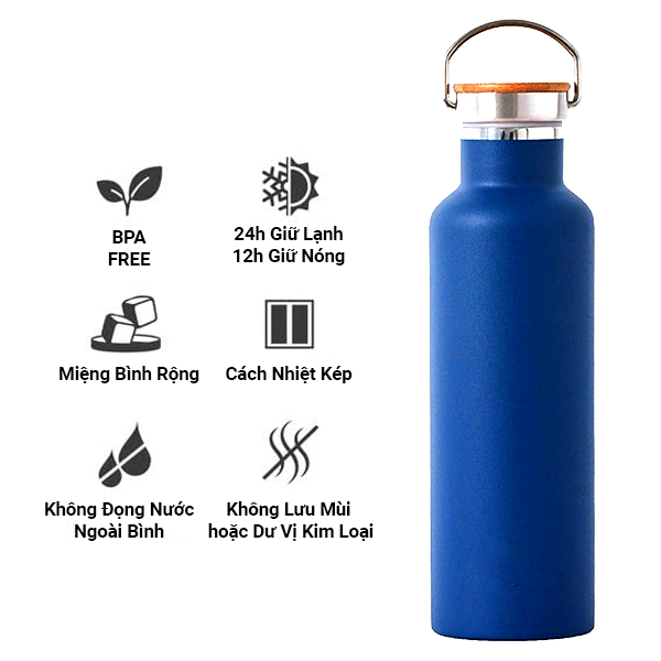 Bình nước giữ nhiệt chống rò rỉ bằng inox nắp gỗ 500ml