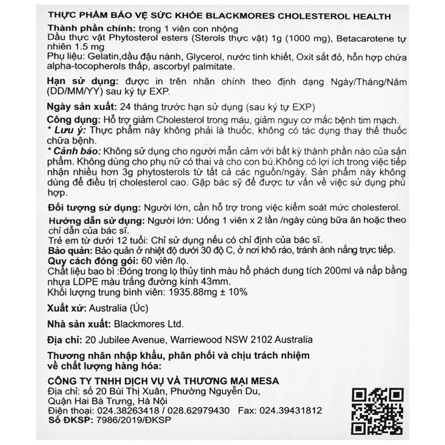 Viên uống Blackmores Cholesterol Health hỗ trợ giảm cholesterol máu - 60 viên