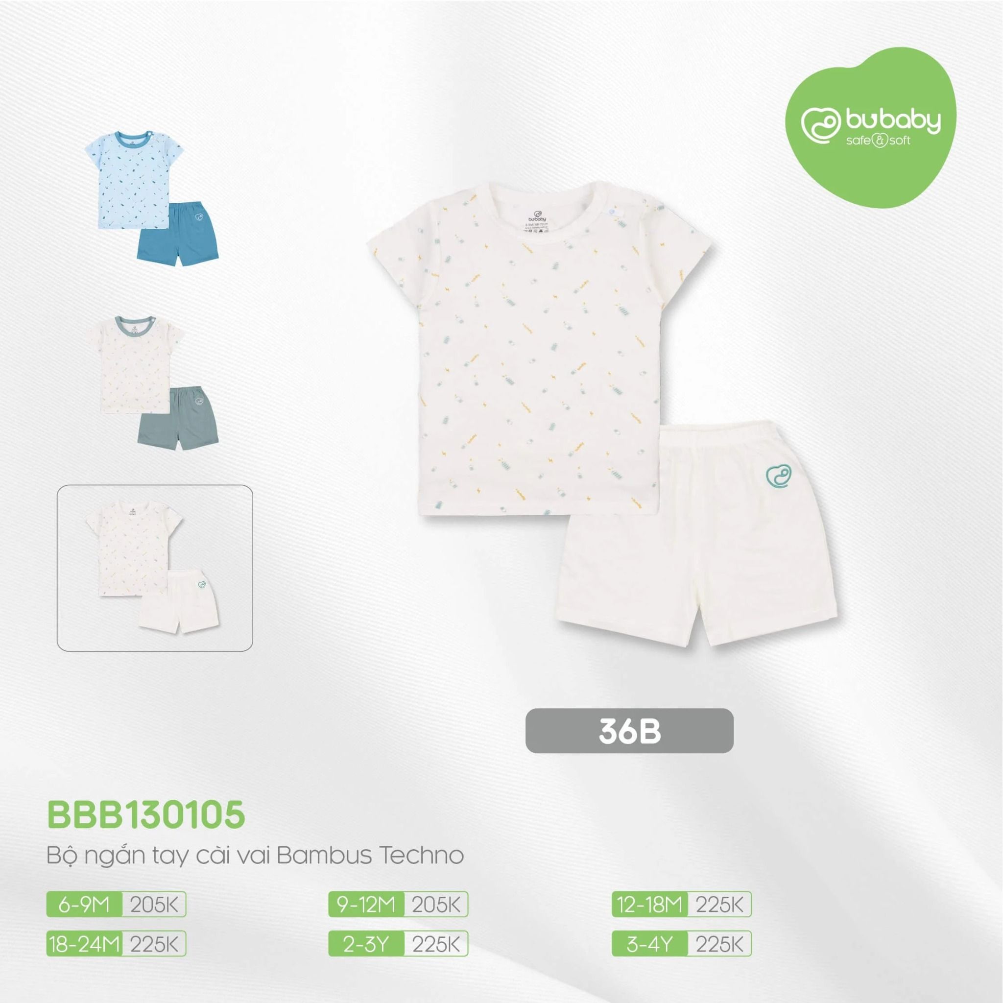 Bộ quần áo BU Baby ngắn tay cài vai Bambus Trắng in charger - Trắng