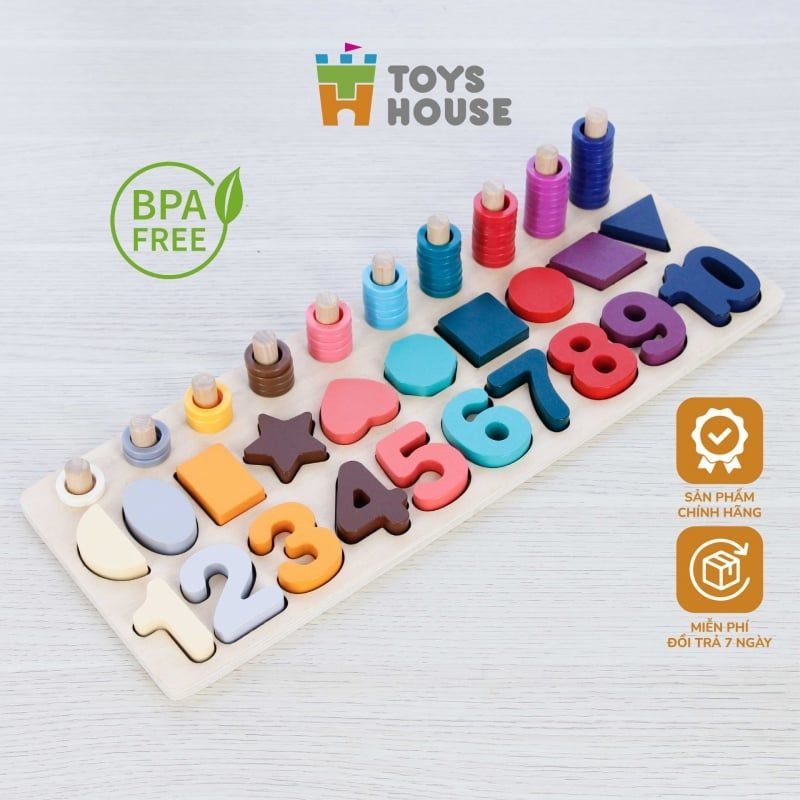 Đồ chơi gỗ - bảng học chữ số, hình khối và tập đếm cho bé Toys house 574