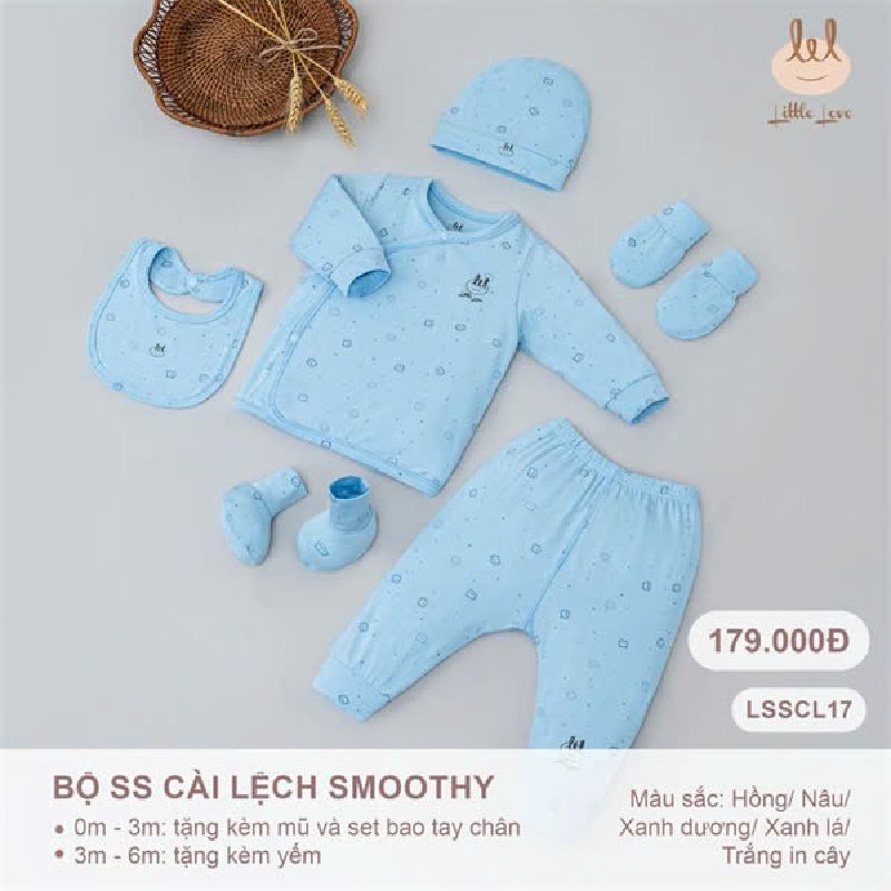 Bộ sơ sinh cài lệch Bamboo by Lil smoothy blue bear tặng mũ và bao tay chân