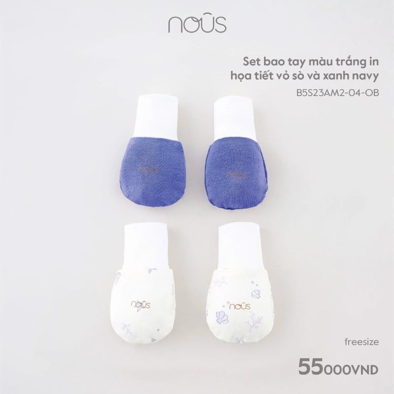 SET BAO TAY MÀU TRẮNG IN HỌA TIẾT VỎ SÒ VÀ XANH NAVY