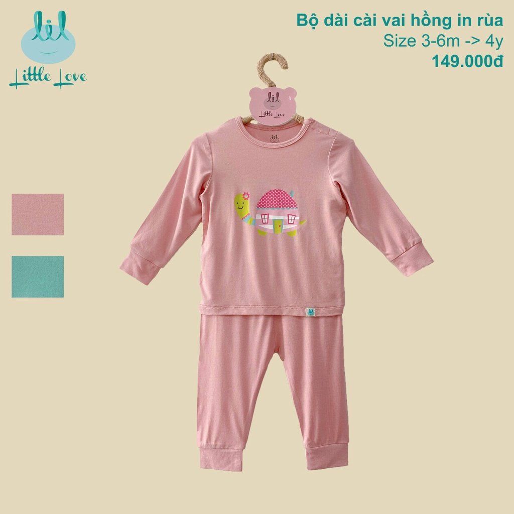 Bộ quần áo Bamboo LIL dài cài vai túi ngực hồng in rùa