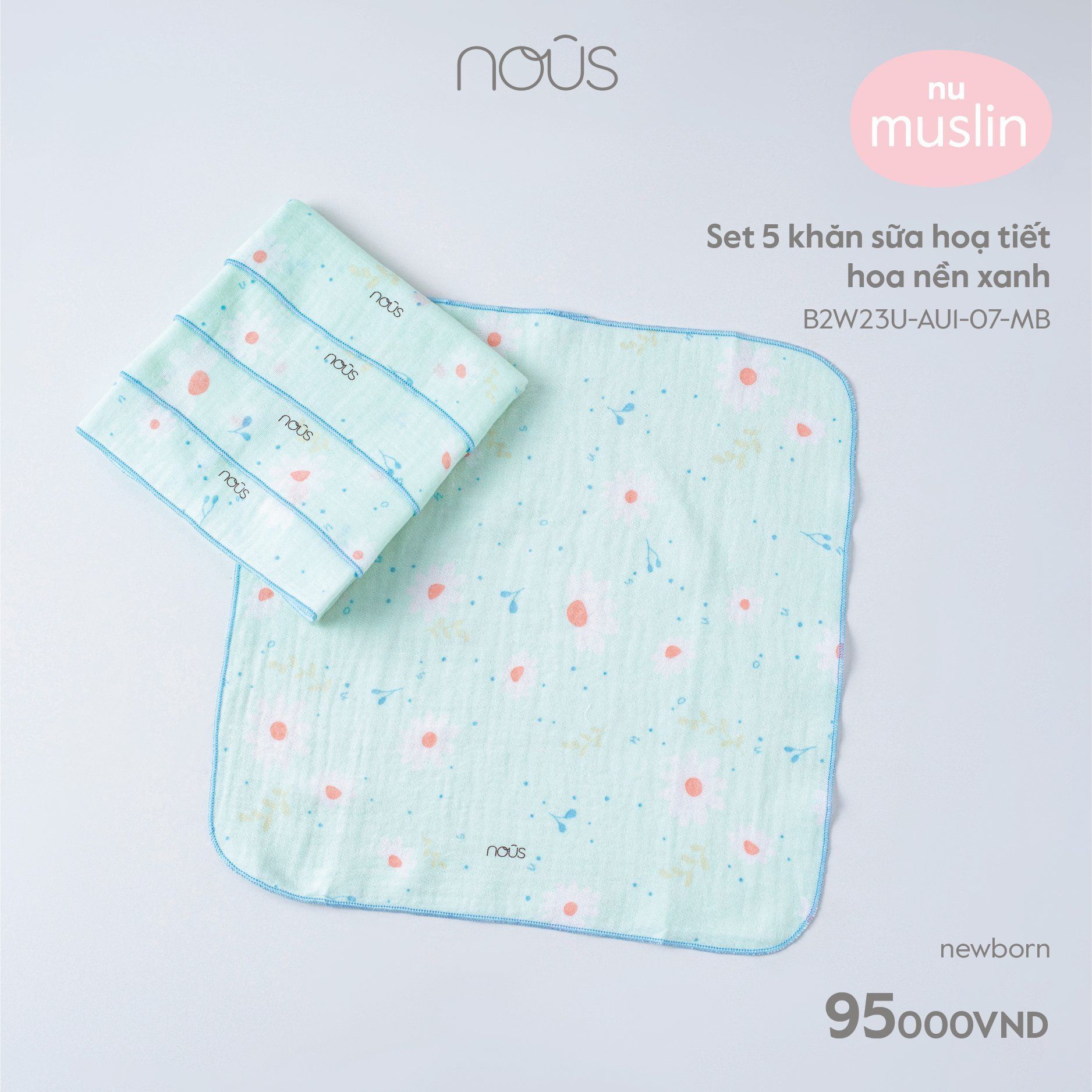 Set 5 khăn sữa Nous hoạ tiết hoa nền xanh