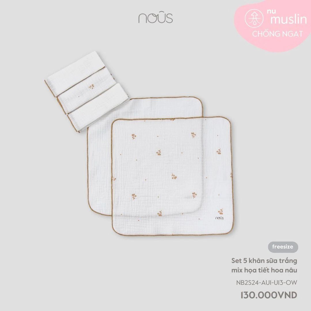 Set 5 khăn sữa Nous trắng mix họa tiết hoa nâu