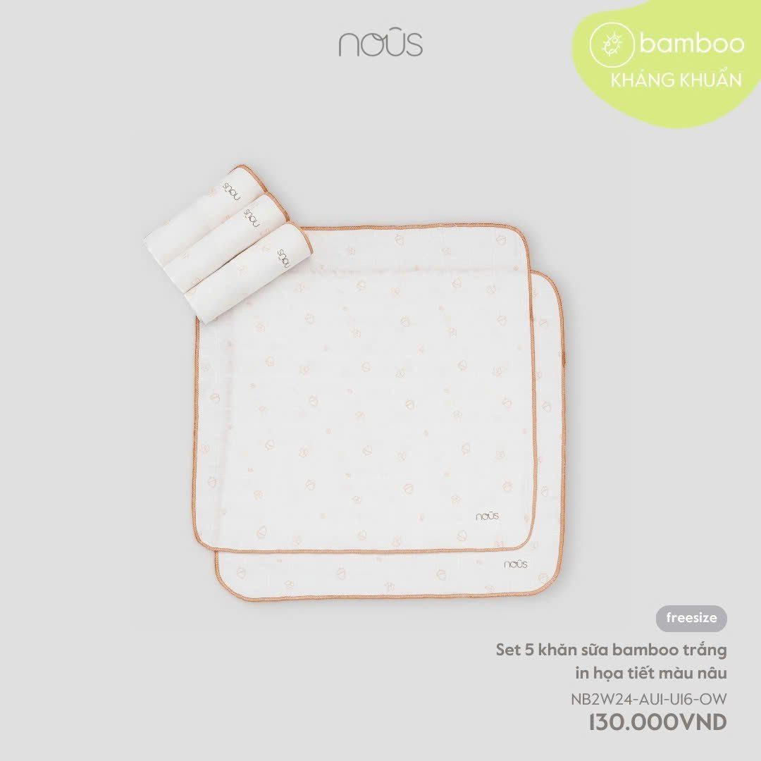 Set 5 khăn sữa Nous bamboo trắng in họa tiết màu nâu