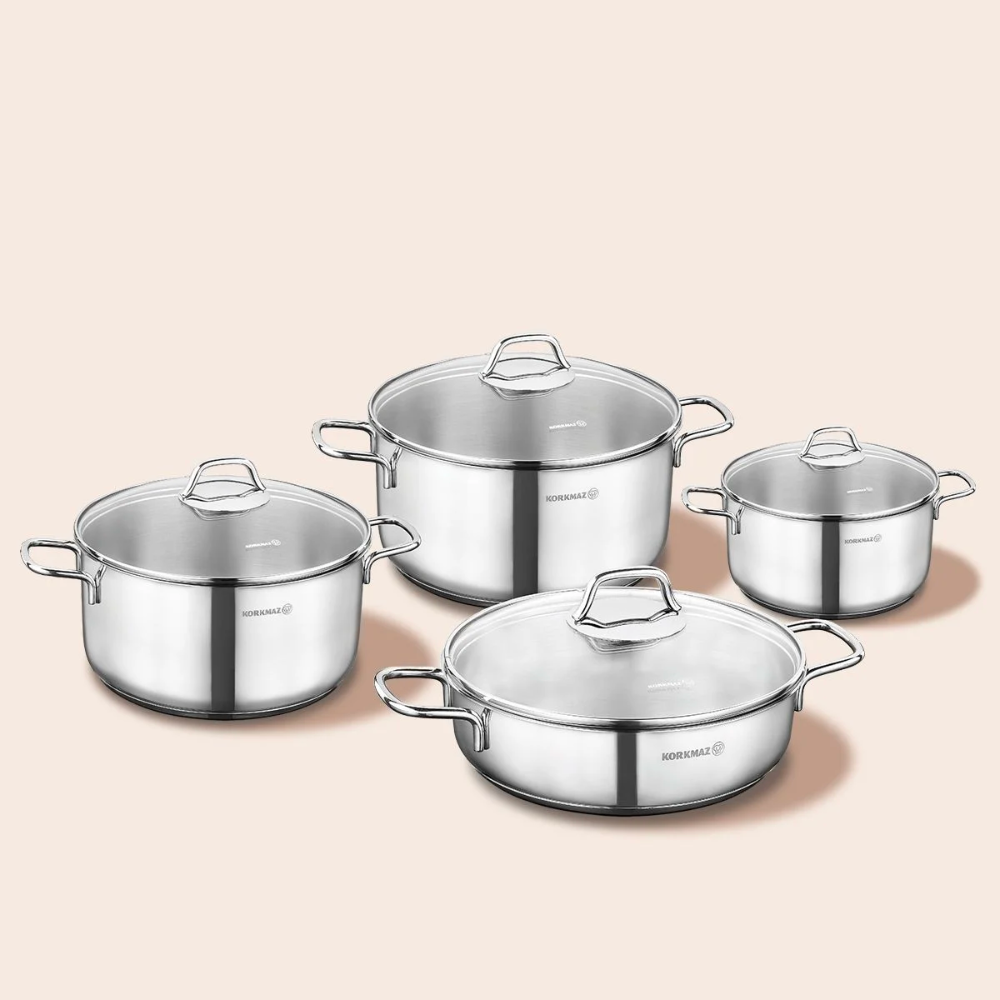 Bộ 4 nồi inox 18/10 Korkmaz Perla (nồi 1.8 lít/3.5 lít/5.5 lít/nồi thấp 3 lít)