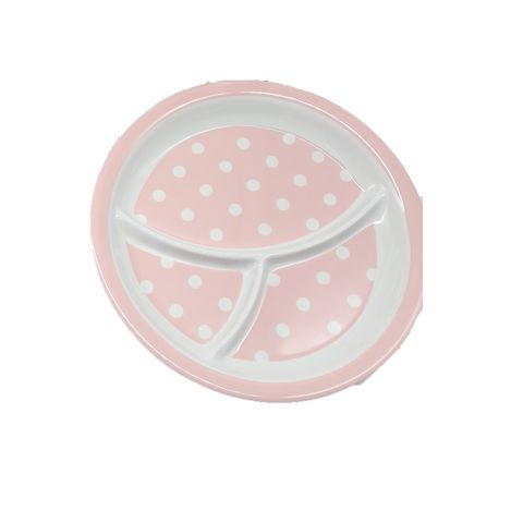 Khay ăn chia 3 ngăn cho bé họa tiết chấm bi, dáng tròn màu hồng nhạt