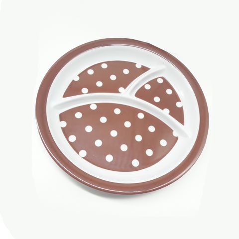 Khay ăn chia 3 ngăn cho bé họa tiết chấm bi, dáng tròn màu nâu
