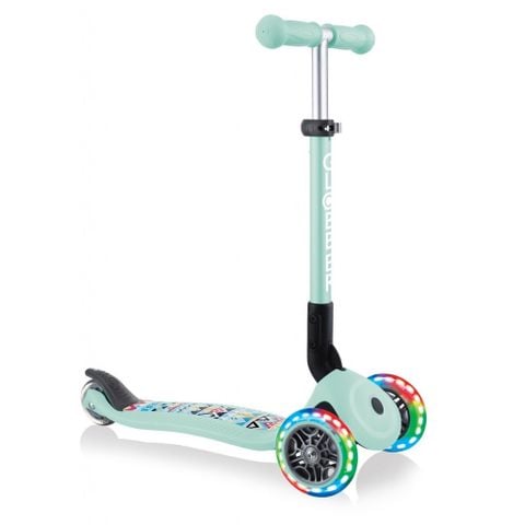 Xe trượt scooter 3 bánh gấp gọn có bánh xe phát sáng Globber Junior Fantasy cho trẻ em từ 2 đến 6 tuổi - Xanh Mint có họa tiết