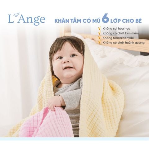 Khăn tắm vải bông có nón 6 lớp L'Ange cho bé màu trắng size 80*80cm