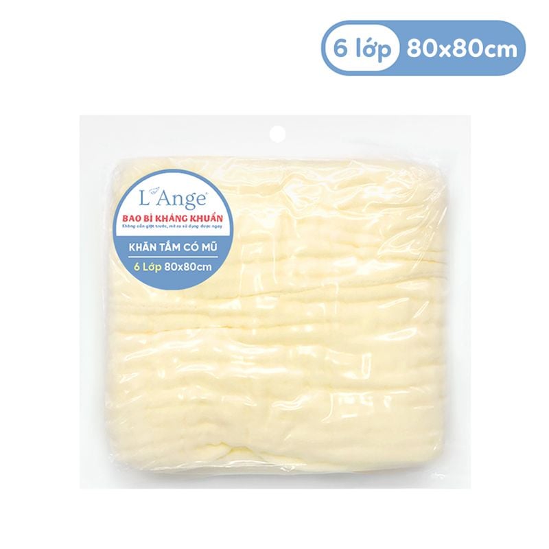 KHĂN TẮM VẢI BÔNG CÓ NÓN 6 LỚP L'ANGE CHO BÉ MÀU VÀNG SIZE 80*80CM