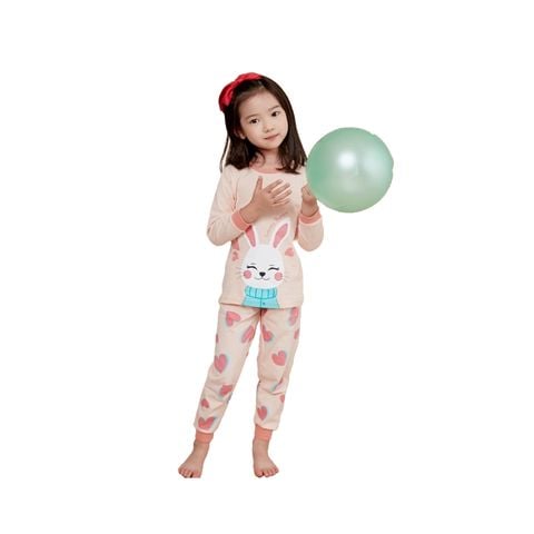 Bộ pijama Olomimi dài tay bé gái họa tiết thỏ trắng màu hồng