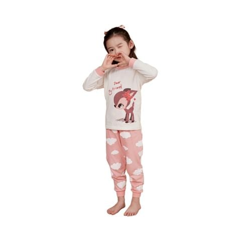 Bộ pijama Olomimi dài tay bé gái họa tiết nai nâu màu hồng