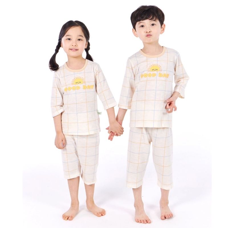 BỘ PIJAMA LỬNG OLOMIMI BÉ TRAI, BÉ GÁI GOOD DAY CHECK YELLOW
