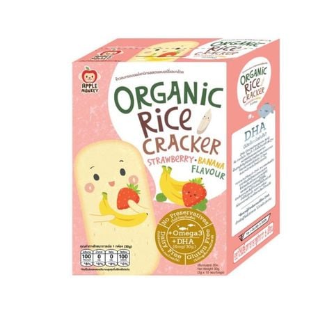 Bánh gạo hữu cơ hương Dâu Chuối Apple Monkey Organic Rice Cracker Strawberry And Banana Flavour Omega3 DHA 10gói*3g