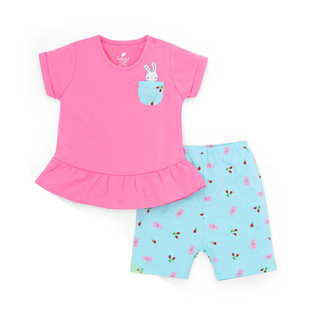 Bộ Lullaby cài vai ngắn tay nhún gấu bé gái màu hồng