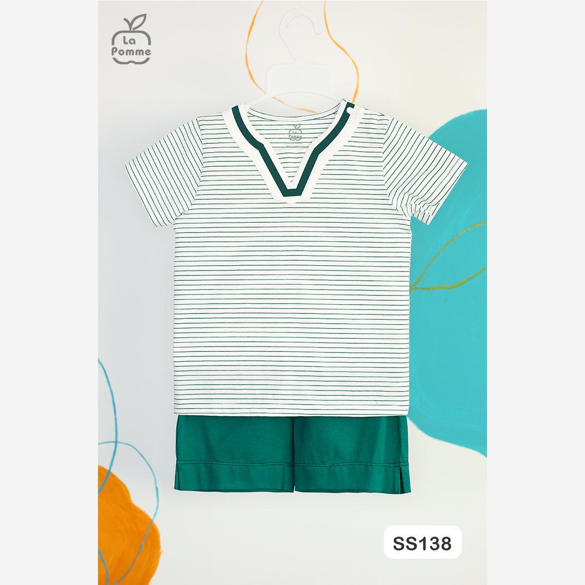 Bộ La Pomme cộc kẻ ngang màu xanh green