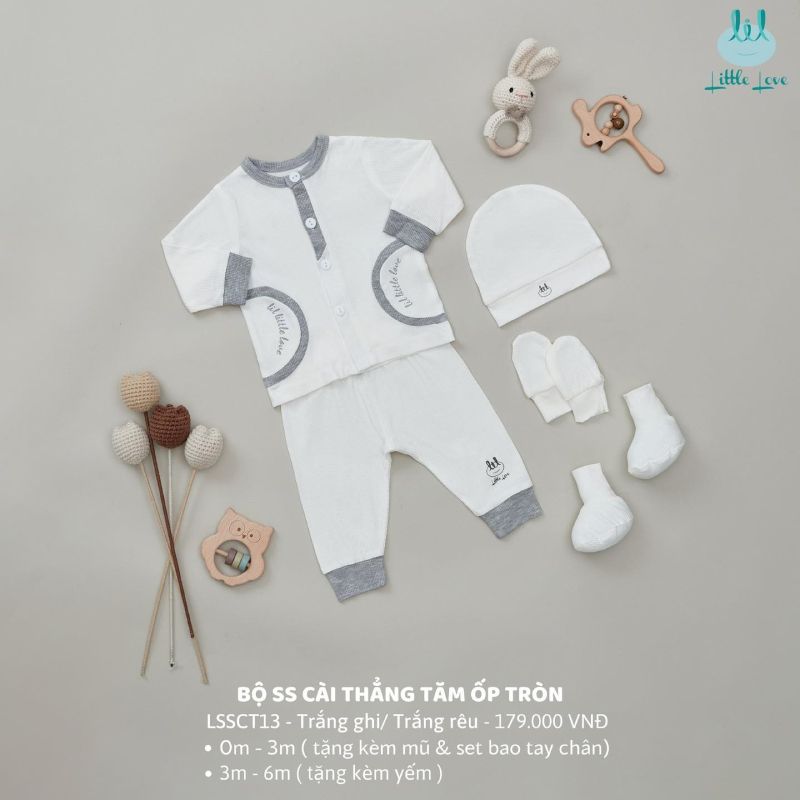 BỘ SƠ SINH CÀI THẲNG BAMBOO BY LIL TĂM ỐP TRÒN TRẮNG GHI TẶNG MŨ VÀ BAO TAY CHÂN