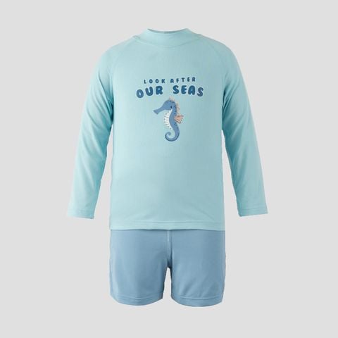Bộ bơi áo dài tay, quần đùi khóa sau Bu Baby Xanh ngọc 66 Xanh dương đậm 16