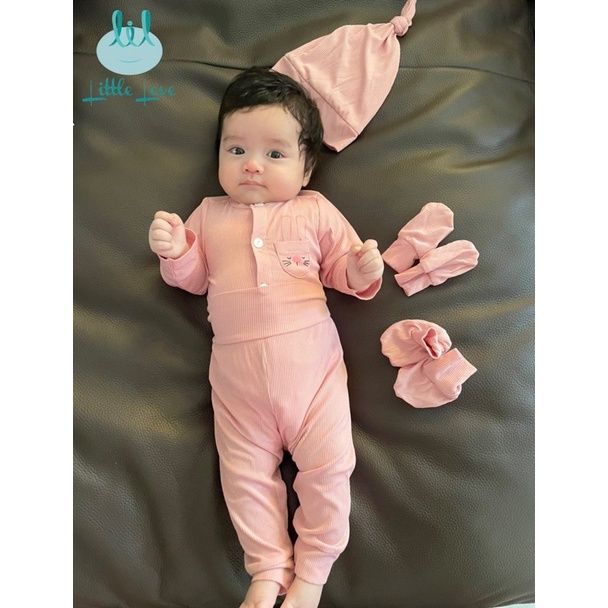 BỘ SƠ SINH BAMBOO LIL CÀI THẲNG TĂM TÚI NGỰC MÀU HỒNG